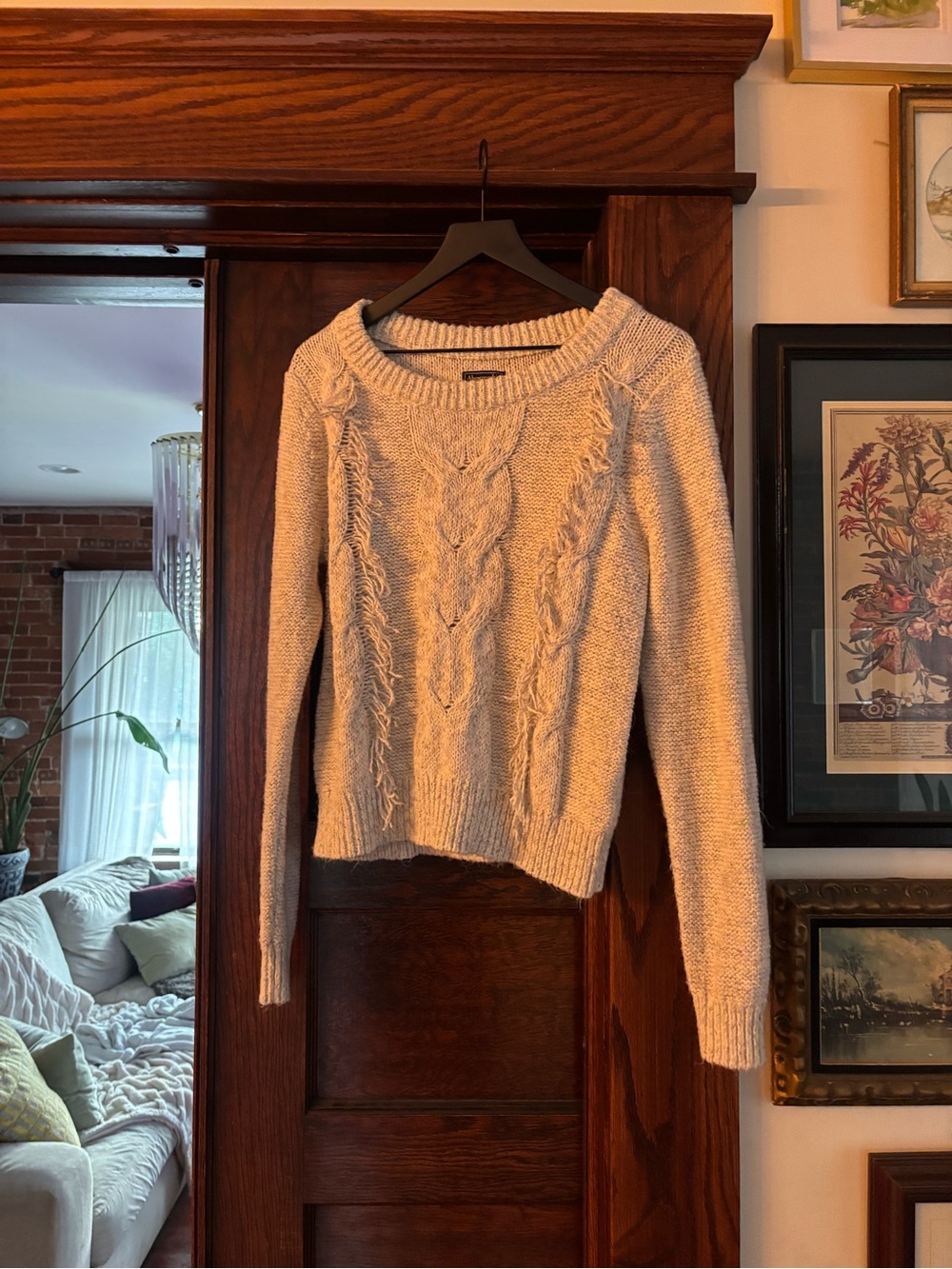 Abercrombie&Fitch Cream Cable Knit Women's Sweater with Fringe Detail
